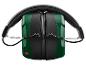 Casque antibruit vert et noir avec un bouton rouge