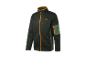 Veste zippée vert foncé avec des détails orange.
