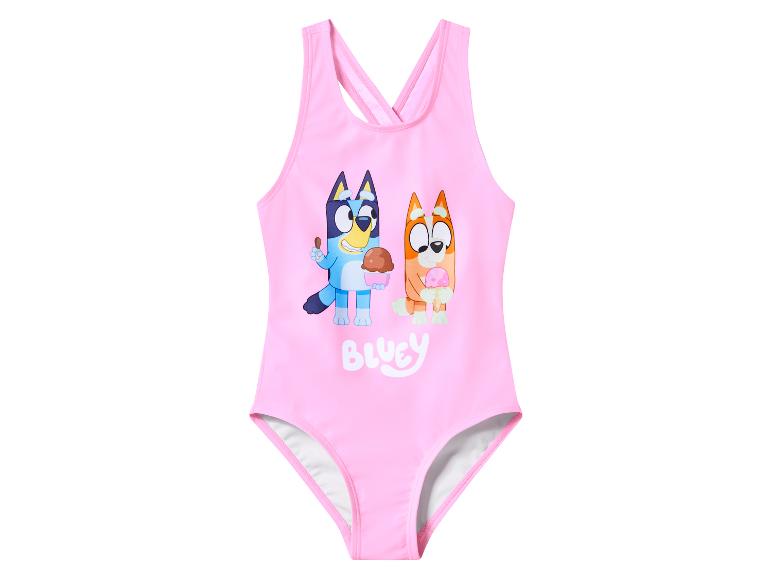 Maillot de bain rose pour enfants avec des personnages de dessins animés tenant de la glace.