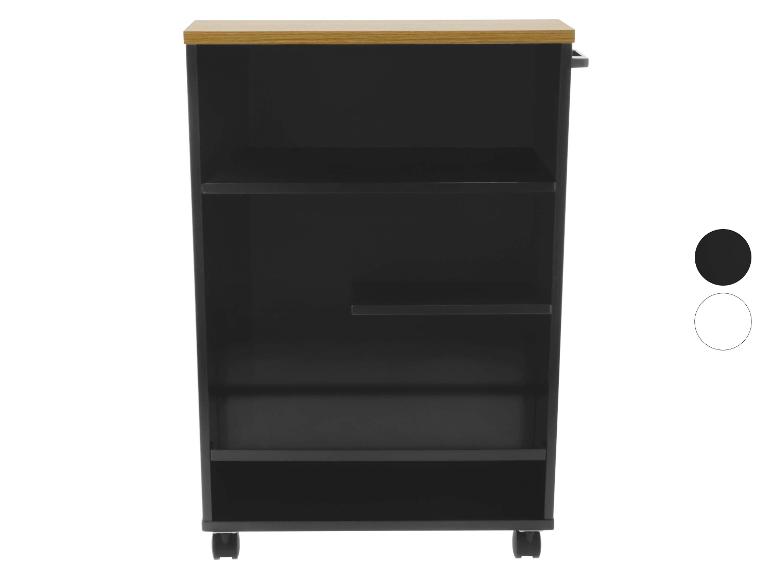 Chariot de rangement noir à roulettes avec plateau supérieur en bois clair et étagères