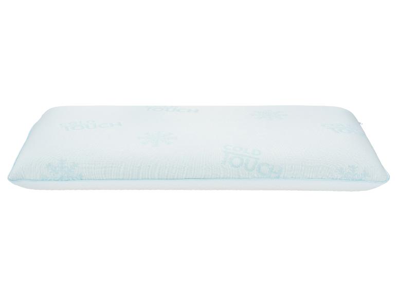 Oreiller rafraîchissant avec l'inscription «COLD TOUCH» et des motifs de flocons de neige.