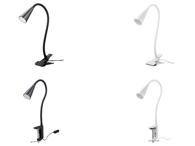 Vier bureaulampen met klem of schroefklem, twee zwarte en twee witte.