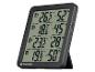 Digitale thermometer-hygrometer met drie externe sensoren en binnenmetingen.