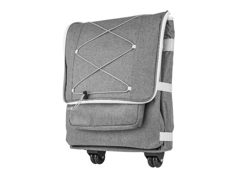Chariot de courses gris avec cordon élastique et roulettes.