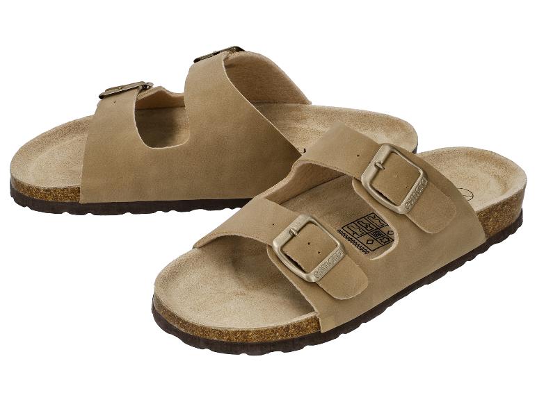 Sandales beiges à deux brides avec boucles métalliques sur semelle en liège.