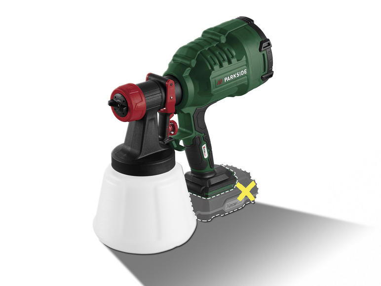 Pistolet de peinture sans fil de la marque Parkside avec batterie X20V.