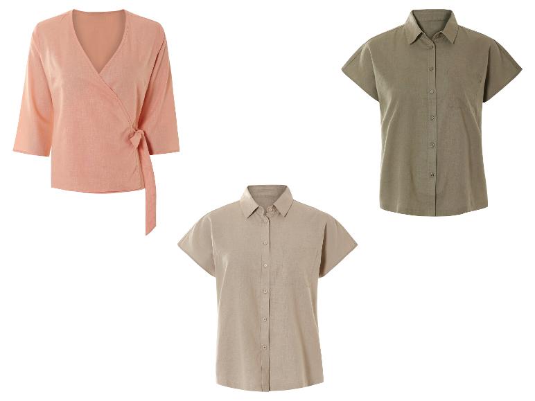 Chemisiers et blouses en lin : modèle croisé corail et chemises à manches courtes beige et kaki.