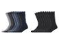 Deux paquets de chaussettes pour hommes : un avec des nuances de gris et de bleu, l'autre avec des chaussettes noires.