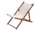 Transat en bois avec toile blanche, idéal pour le jardin ou la plage.