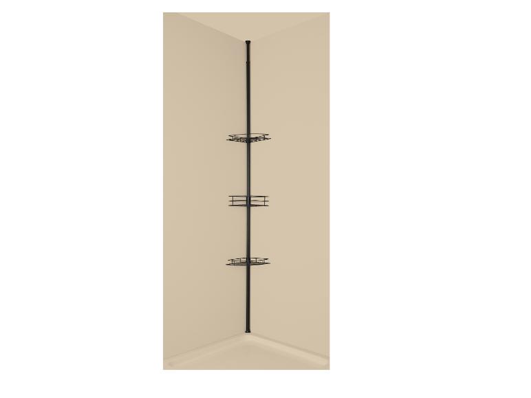 Étagère de douche télescopique d'angle noire avec trois paniers grillagés.