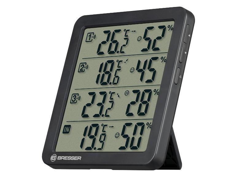 Digitale thermometer-hygrometer met drie externe sensoren en binnenmetingen.