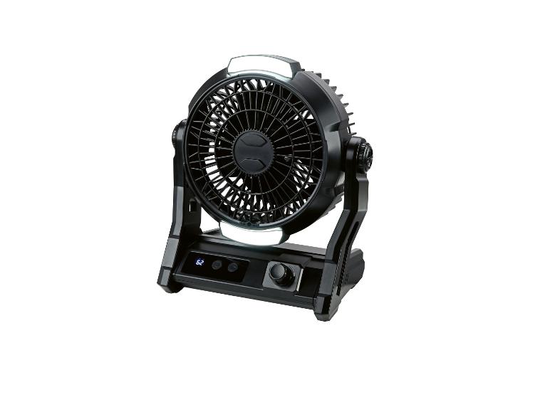 Zwarte tafelventilator met LED-verlichting en digitaal display