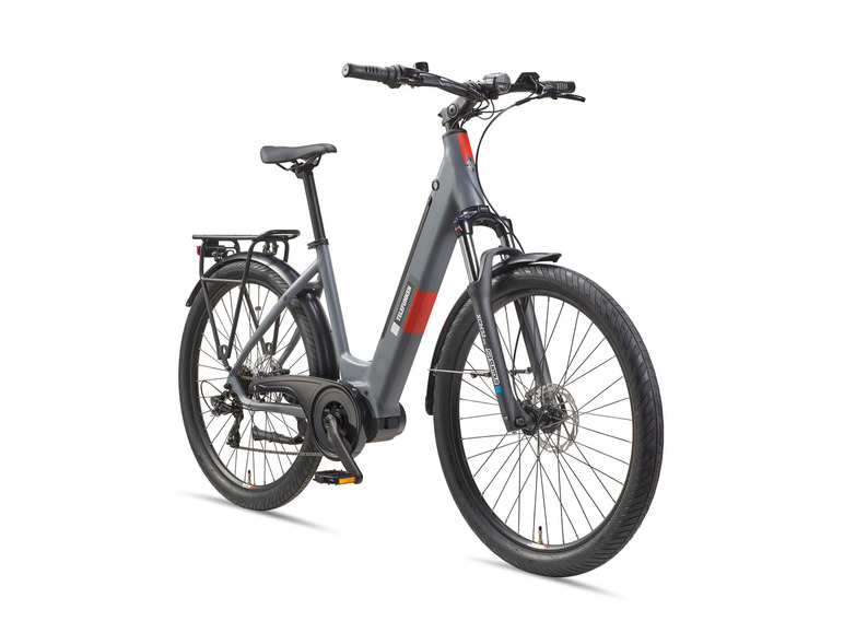Een grijze Telefunken e-bike met een voordrager.
