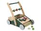 Een houten loopwagen met Parkside-merk, met draaiende wielen en blokken.