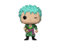 Funko Pop figuur van Roronoa Zoro uit One Piece, met groen haar en zwaard.