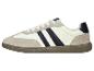 Witte en beige sneakers met donkerblauwe strepen en veters