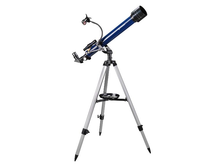 Blauwe telescoop op statief met smartphonehouder.