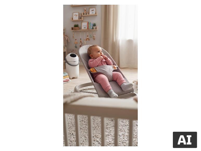 LUPILU® luieremmer in een gezellige babykamer met een baby in een wipstoeltje [AI-gegenereerde afbeelding]