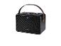 Een zwarte draagbare bluetooth speaker van Silvercrest met een leren handvat.