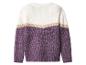 Pull tricoté avec des blocs de couleur blanc, beige et violet.