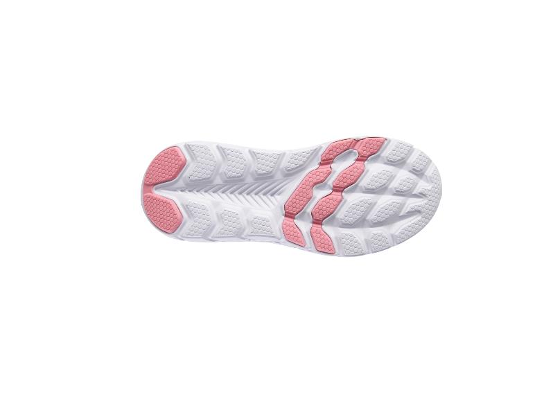 Zool van sportschoen met wit en roze zeshoekig patroon.