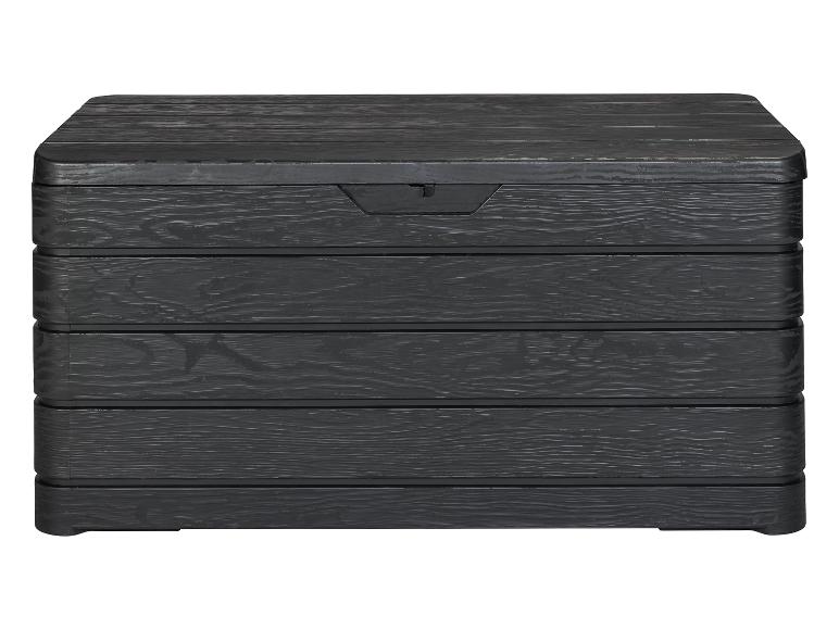 Een zwarte opbergkist met houtlook.