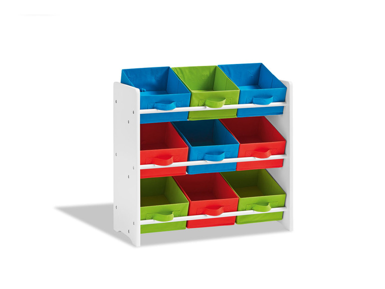 Armoire de rangement blanche avec paniers de rangement colorés.