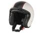 Casque de moto blanc avec des rayures noires et rouges, intérieur rembourré.