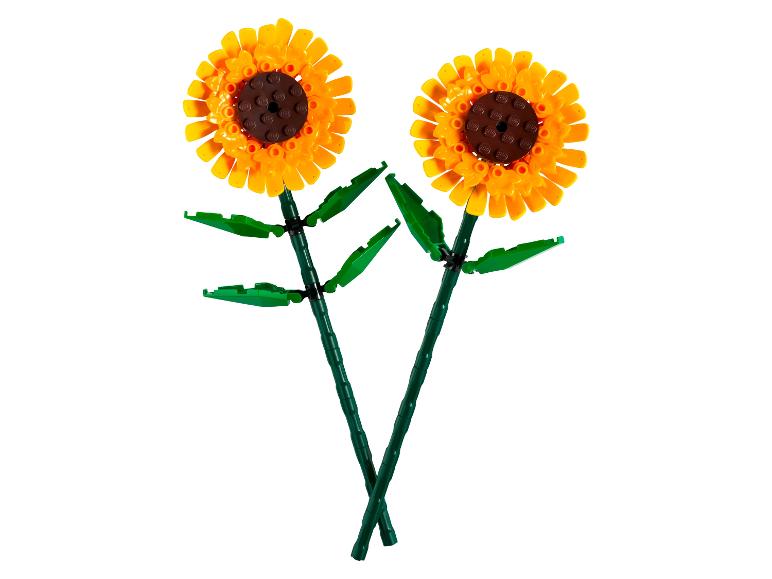 Twee gele LEGO zonnebloemen met groene stelen en bladeren.