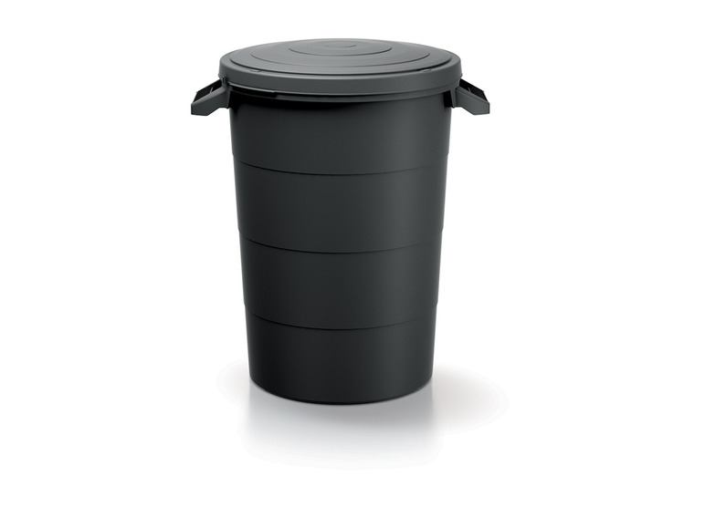 Une poubelle noire avec un couvercle.