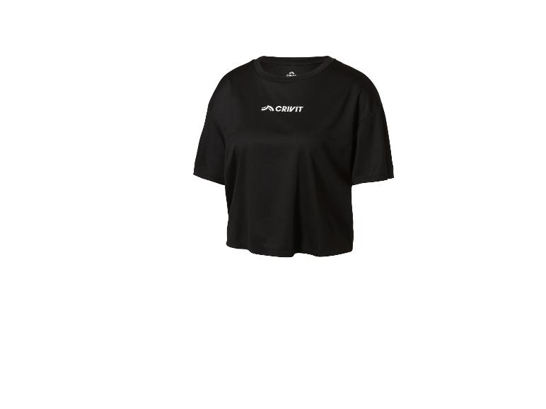 Zwart dames sport-T-shirt met korte mouwen en een wit logo op de borst.