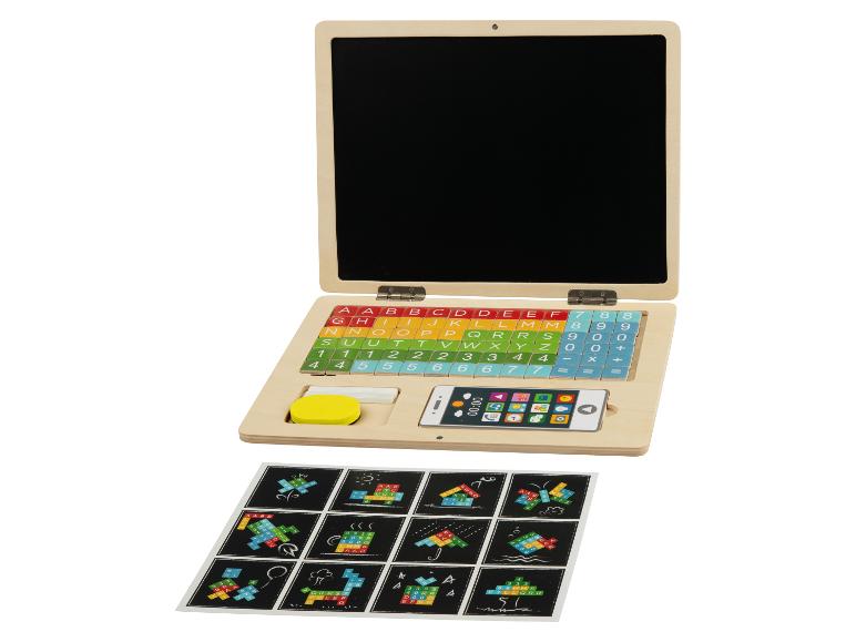 Jouet éducatif en bois de type ordinateur portable avec clavier de lettres et de chiffres, et modèles de dessin.