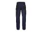 Pantalon de travail bleu avec poches noires et détails réfléchissants.