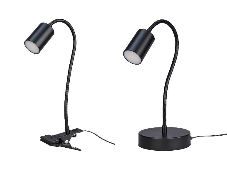 Twee zwarte flexibele leeslampen, een met een klem en een met een ronde voet.