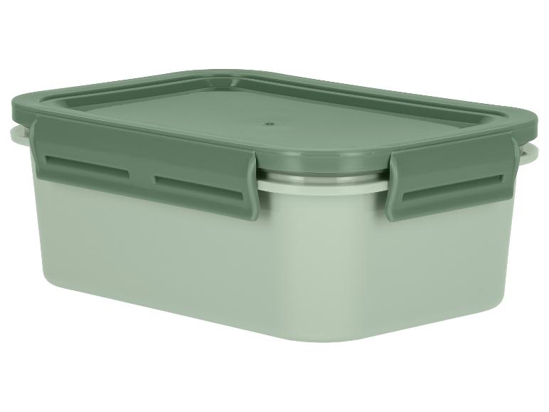 Boîte alimentaire avec couvercle vert et fermetures.