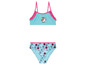 Un maillot de bain turquoise à imprimé floral et bordure rose.