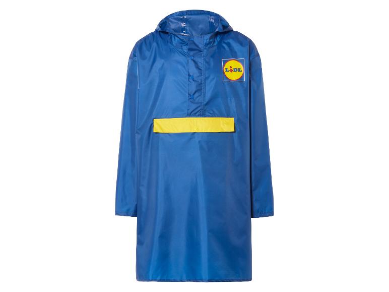 Blauwe Lidl regenjas met capuchon.
