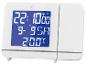 Witte digitale klok met een display dat tijd, datum en temperatuur toont.