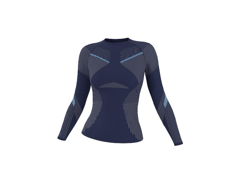 Maillot de sport bleu marine à manches longues avec rayures et détails bleus.