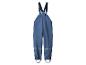 Blauwe kinderregenbroek met bretels en reflecterende strepen.