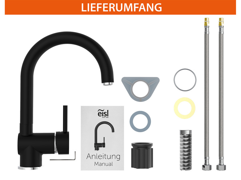 Een zwarte keukenkraan, twee aansluitslangen, accessoires en een handleiding van Eisl.