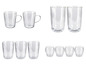Een set van zes glazen bekers met dubbele wand, twee met handvatten.