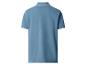 Blauw poloshirt met korte mouwen, witte kraag en manchetten, achteraanzicht.