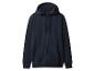 Donkerblauwe hoodie met rits en capuchon op een witte achtergrond.