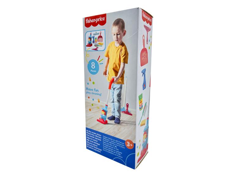 Ensemble aspirateur jouet de 8 pièces, avec un enfant qui joue et nettoie.