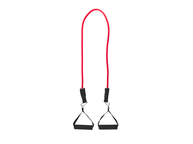 Une bande de résistance rouge avec des poignées pour exercices de fitness.