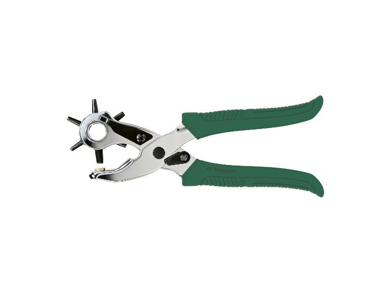 Pince perforatrice pour cuir avec poignées vertes et tête rotative à six tailles de trou.