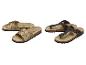 Twee paar sandalen: een paar gouden instappers en een paar bruine teenslippers met kurkzolen.