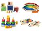 Jouets en bois pour enfants : blocs à empiler, puzzles de formes et anneaux à empiler.