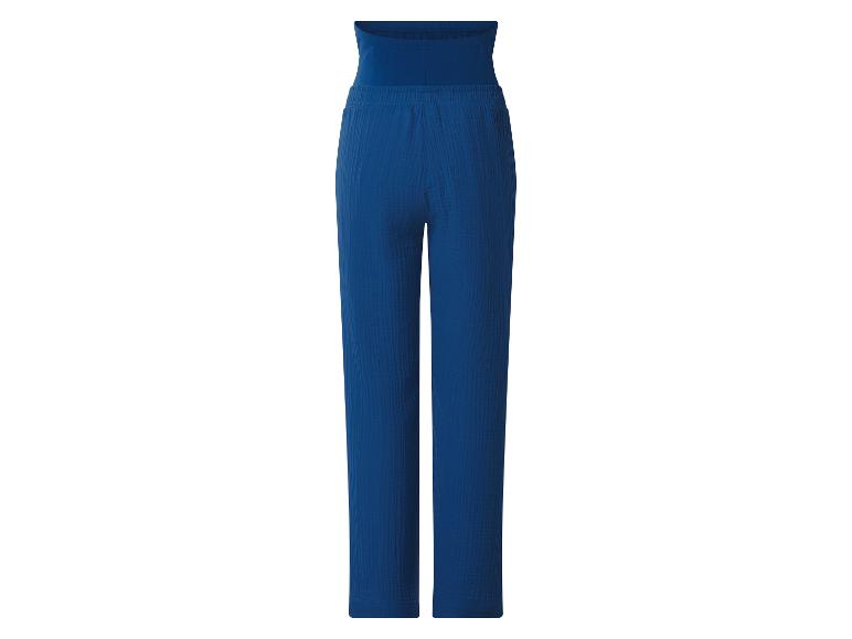 Blauwe getextureerde zwangerschapsbroek met hoge, elastische tailleband.